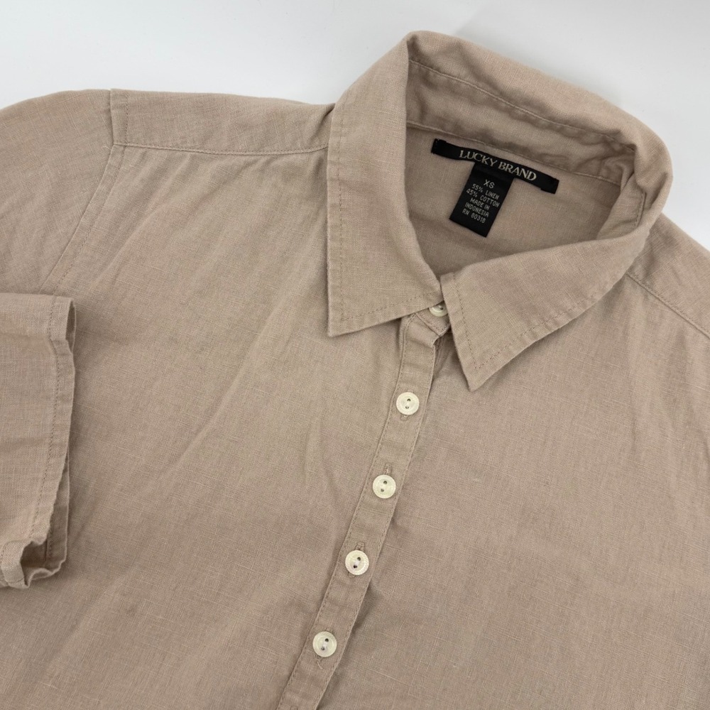 Lucky Brand Tunic Womens XS‎ Tan Linen Cotton Henley 3/4 Sleeve Pocket Shirt